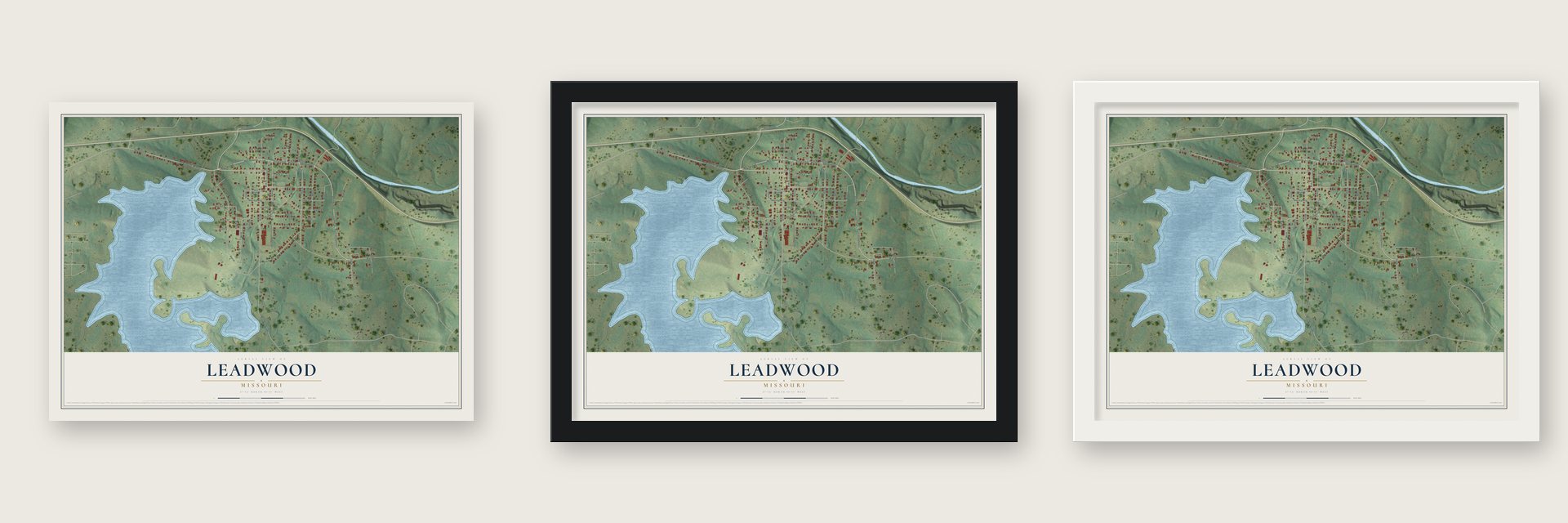 Leadwood, Missouri map unframed, in a black wood frame and in a white wood frame