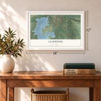 Leadwood, Missouri map, 12 x 18 inch print in a white frame in an entryway