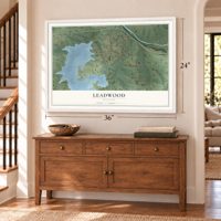 Leadwood, Missouri map, 24 x 36 inch print in a white frame above a dresser by a staircase