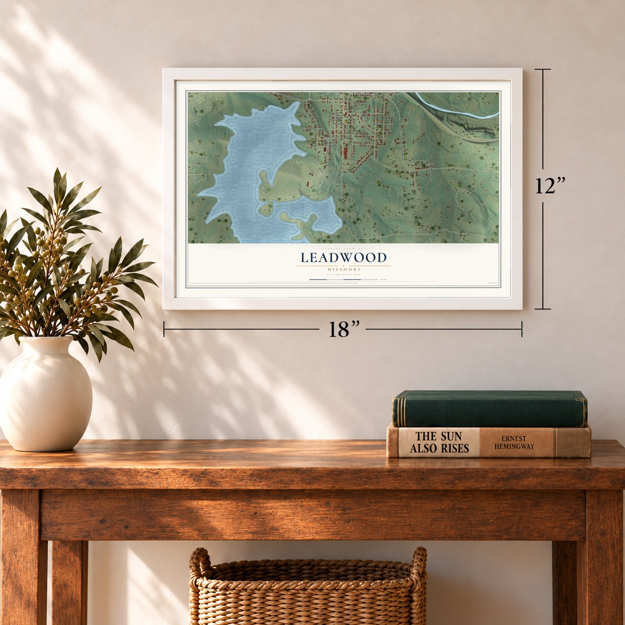 Leadwood, Missouri map, 12 x 18 inch print in a white frame in an entryway