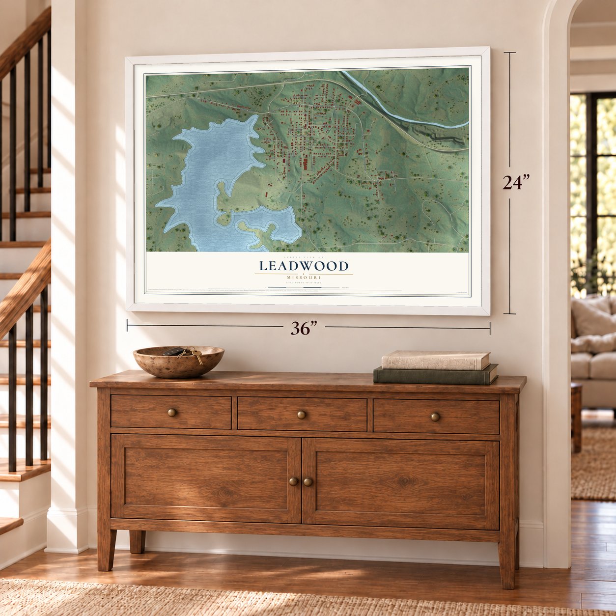 Leadwood, Missouri map, 24 x 36 inch print in a white frame above a dresser by a staircase