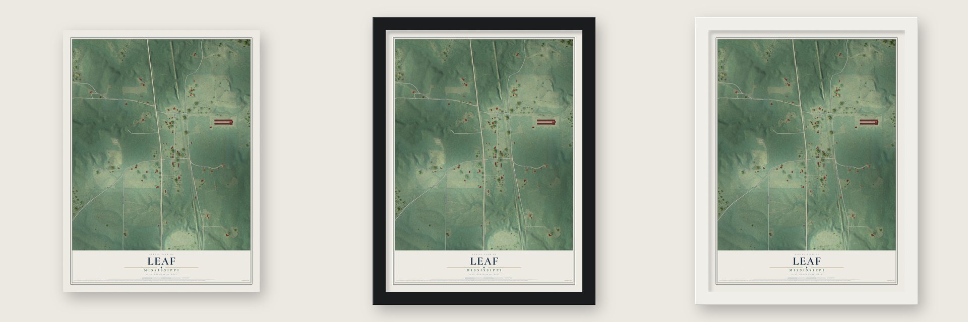 Leaf, Mississippi map unframed, in a black wood frame and in a white wood frame