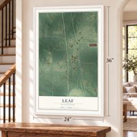 Leaf, Mississippi map, 24 x 36 inch print in a white frame by a staircase