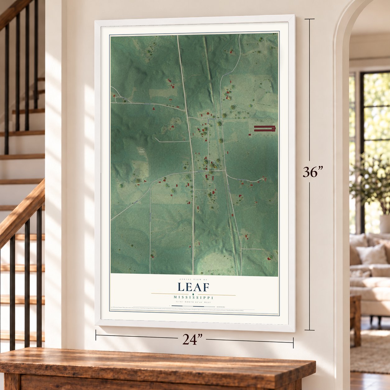 Leaf, Mississippi map, 24 x 36 inch print in a white frame by a staircase