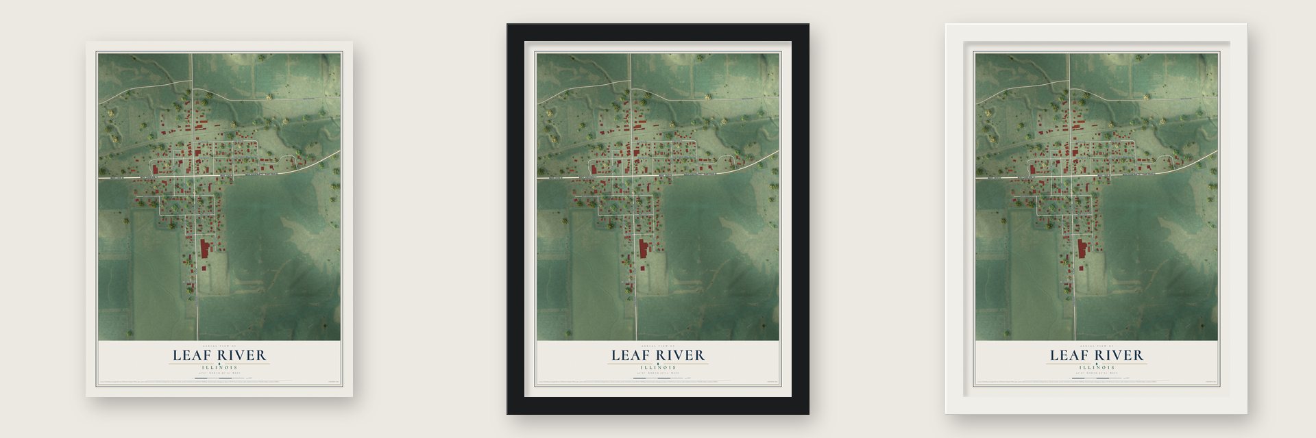 Leaf River, Illinois map unframed, in a black wood frame and in a white wood frame