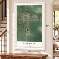 Leaf River, Illinois map, 24 x 36 inch print in a white frame by a staircase