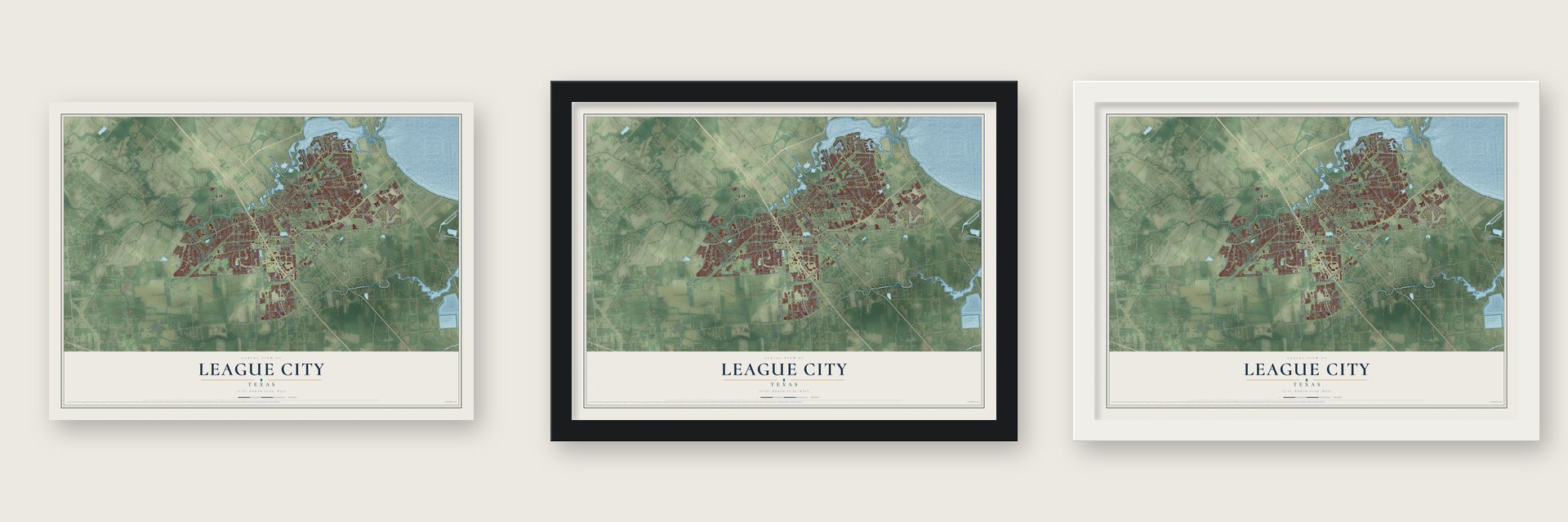 League City, Texas map unframed, in a black wood frame and in a white wood frame