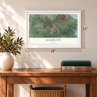 League City, Texas map, 12 x 18 inch print in a white frame in an entryway