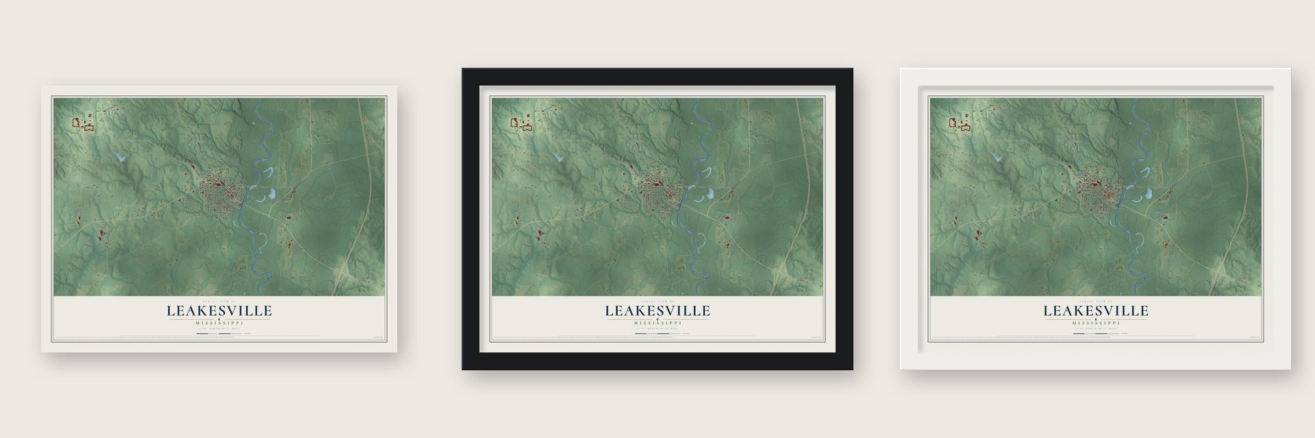 Leakesville, Mississippi map unframed, in a black wood frame and in a white wood frame
