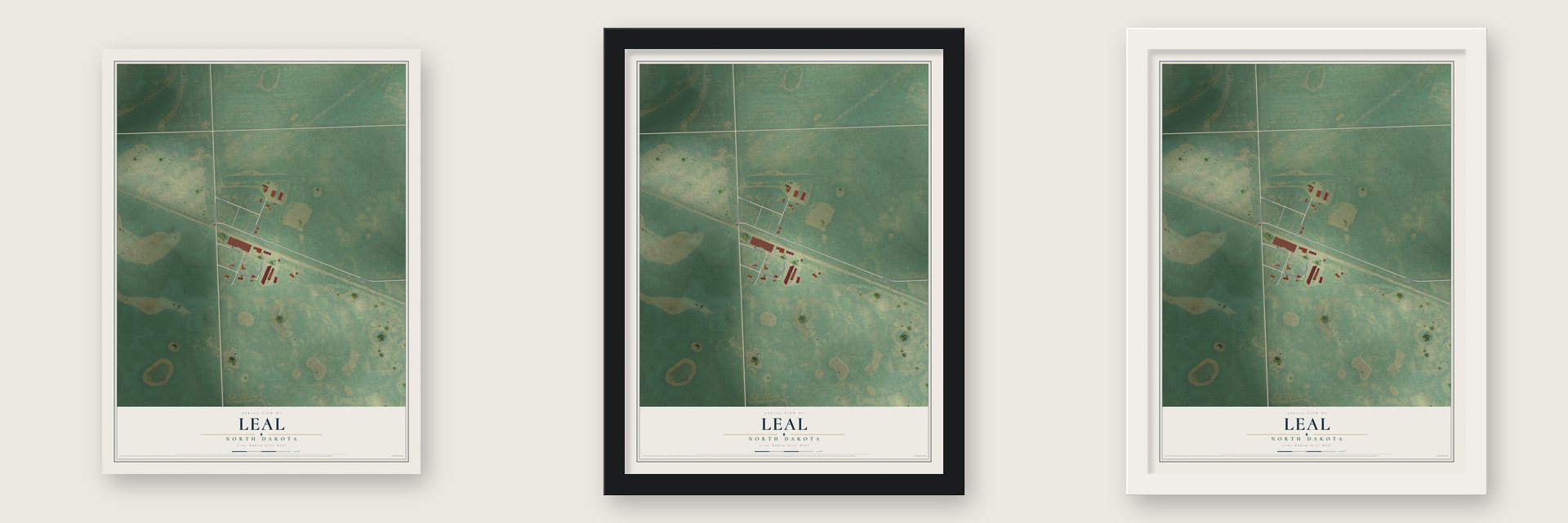 Leal, North Dakota map unframed, in a black wood frame and in a white wood frame