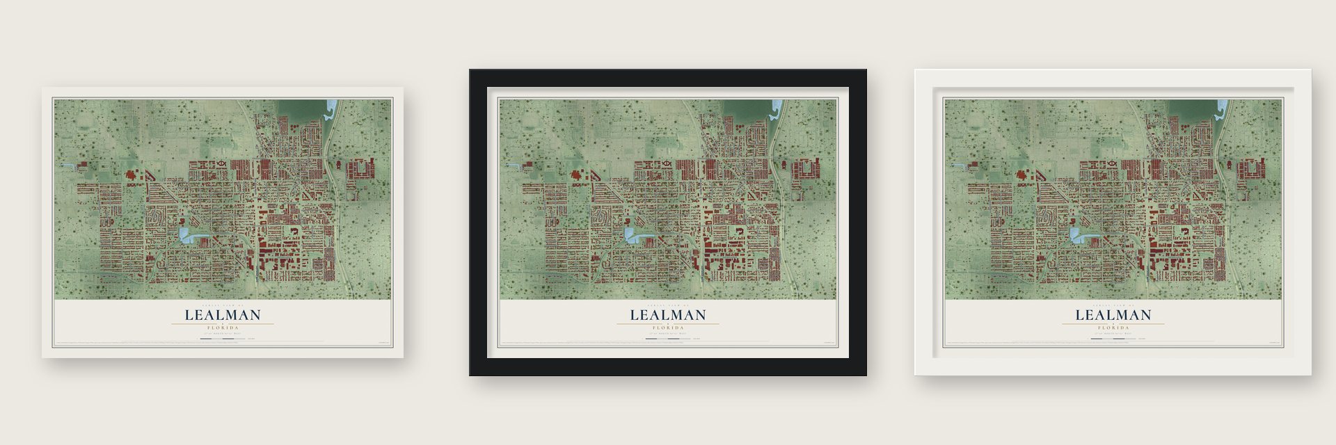 Lealman, Florida map unframed, in a black wood frame and in a white wood frame