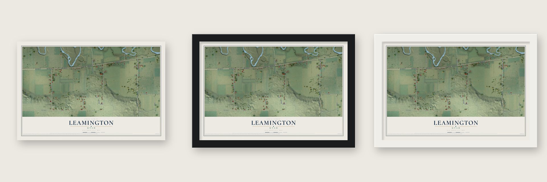 Leamington, Utah map unframed, in a black wood frame and in a white wood frame