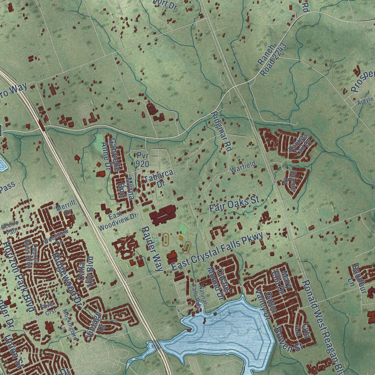 Second close-up of the map of Leander, Texas print showing more streets and buildings