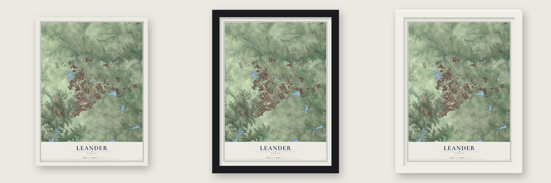 Leander, Texas map unframed, in a black wood frame and in a white wood frame