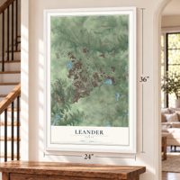 Leander, Texas map, 24 x 36 inch print in a white frame by a staircase