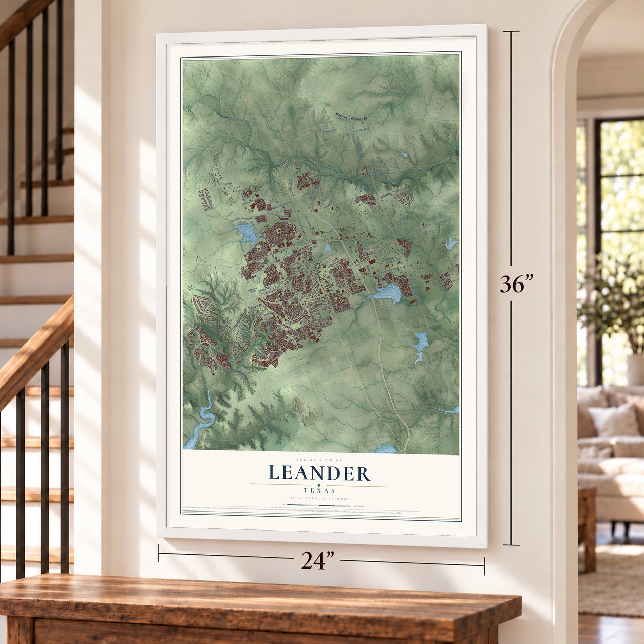 Leander, Texas map, 24 x 36 inch print in a white frame by a staircase
