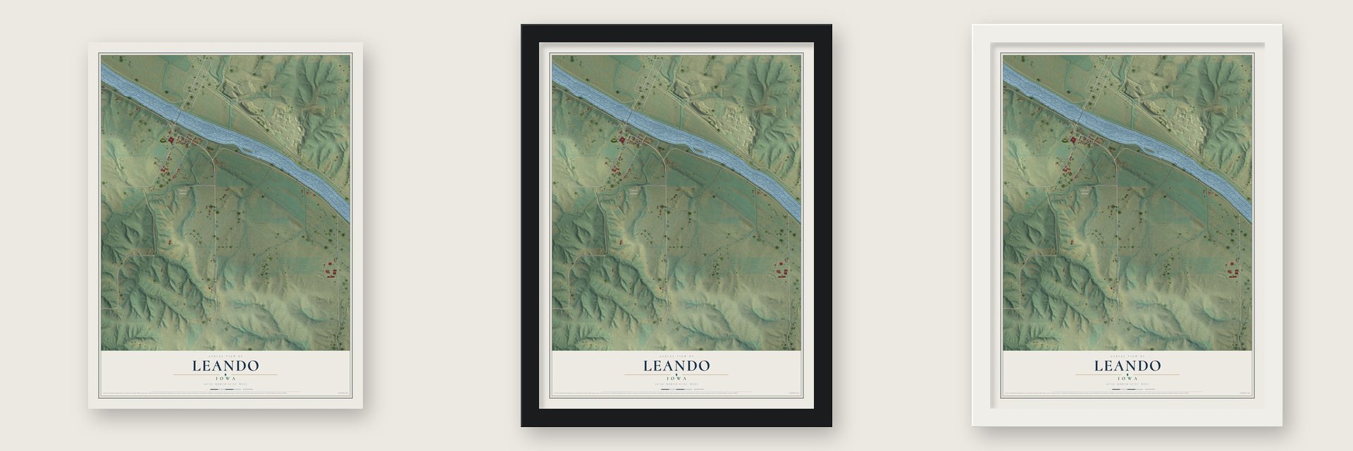 Leando, Iowa map unframed, in a black wood frame and in a white wood frame