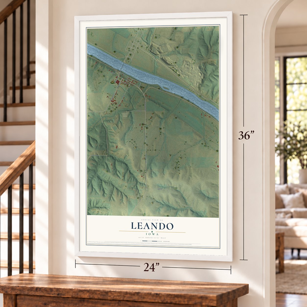 Leando, Iowa map, 24 x 36 inch print in a white frame by a staircase