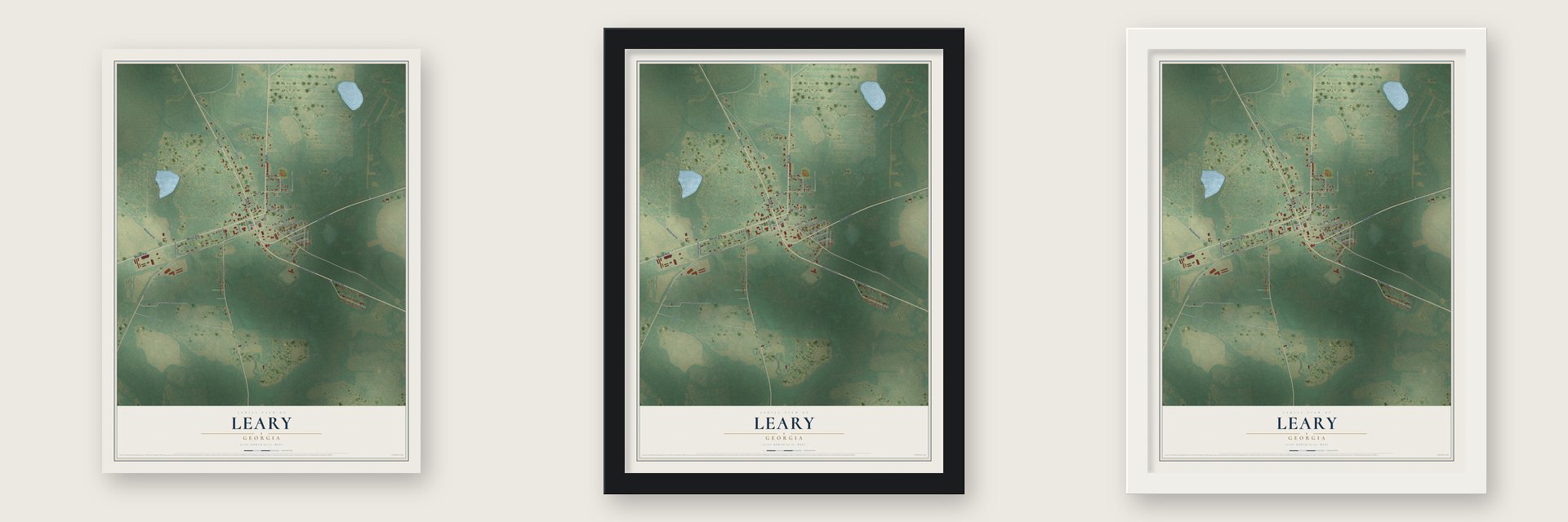 Leary, Georgia map unframed, in a black wood frame and in a white wood frame