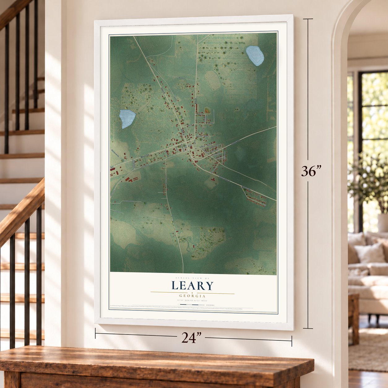 Leary, Georgia map, 24 x 36 inch print in a white frame by a staircase