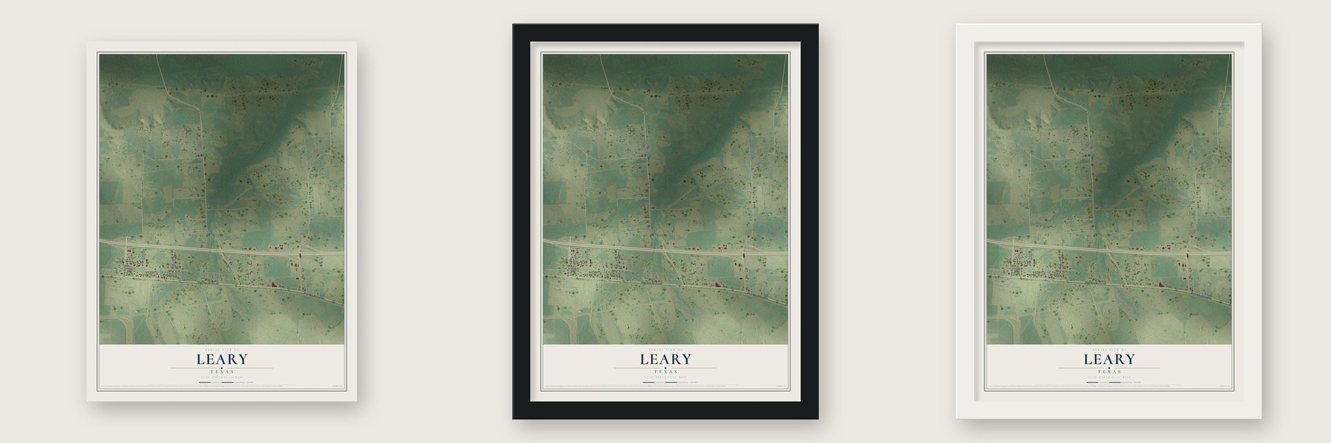 Leary, Texas map unframed, in a black wood frame and in a white wood frame