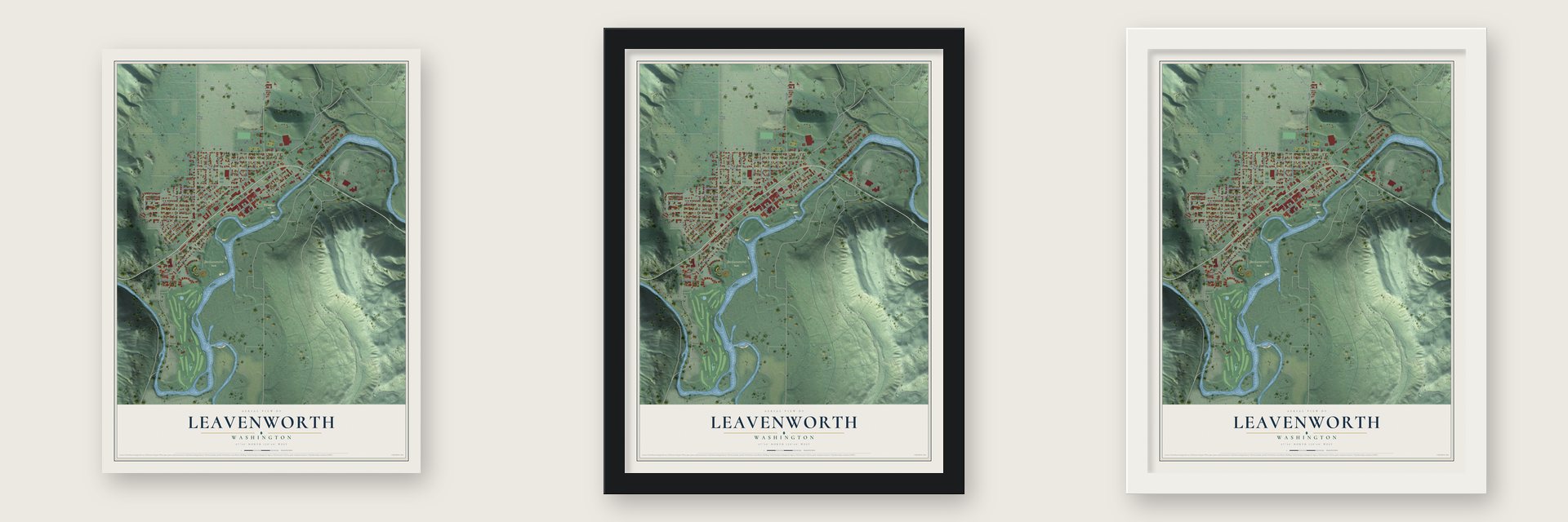 Leavenworth, Washington map unframed, in a black wood frame and in a white wood frame