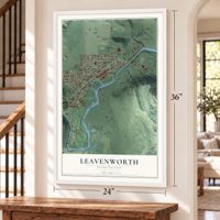 Leavenworth, Washington map, 24 x 36 inch print in a white frame by a staircase