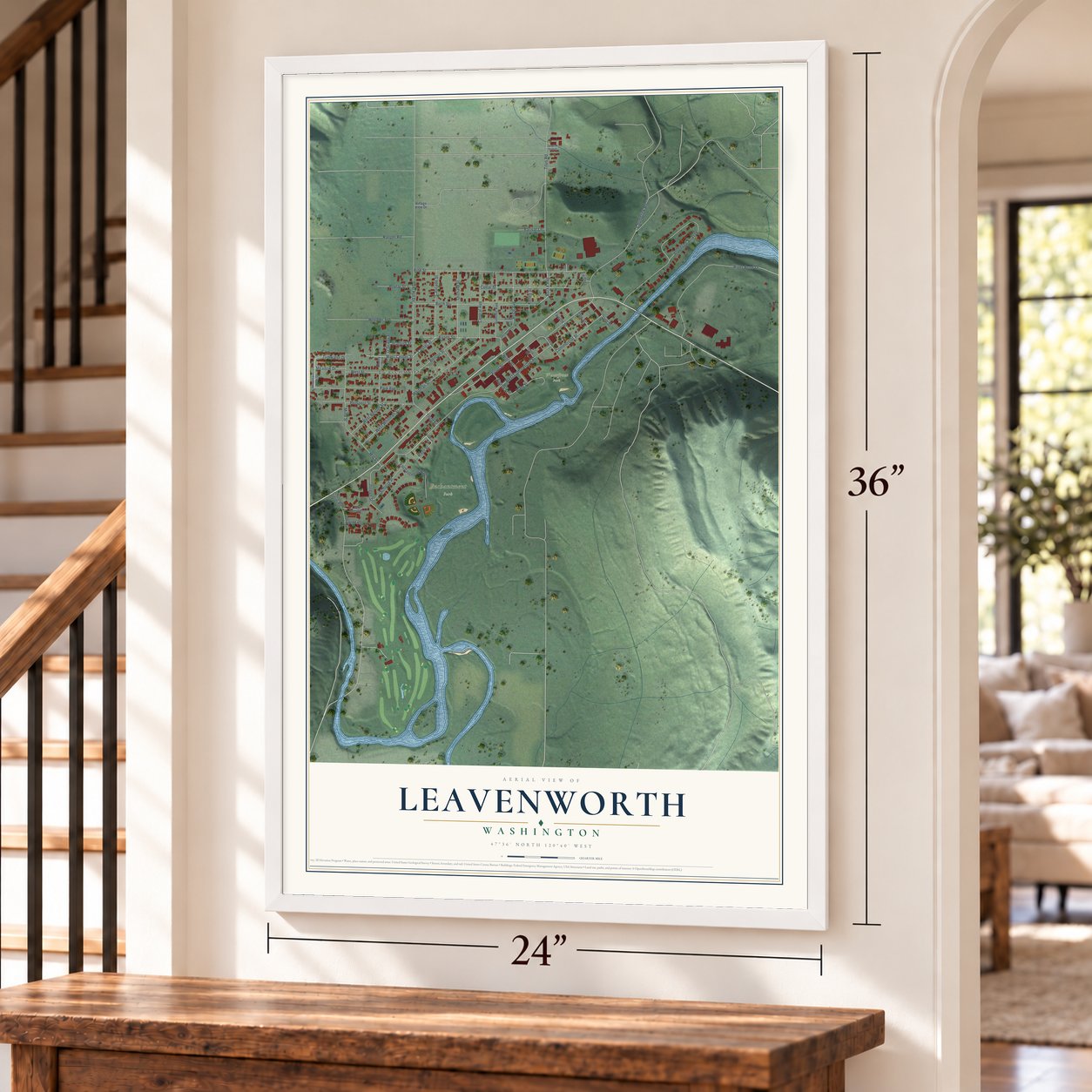 Leavenworth, Washington map, 24 x 36 inch print in a white frame by a staircase