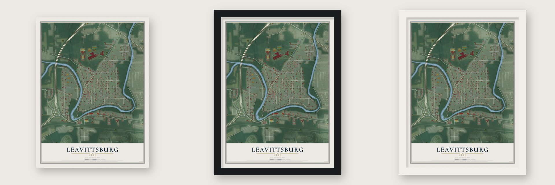 Leavittsburg, Ohio map unframed, in a black wood frame and in a white wood frame