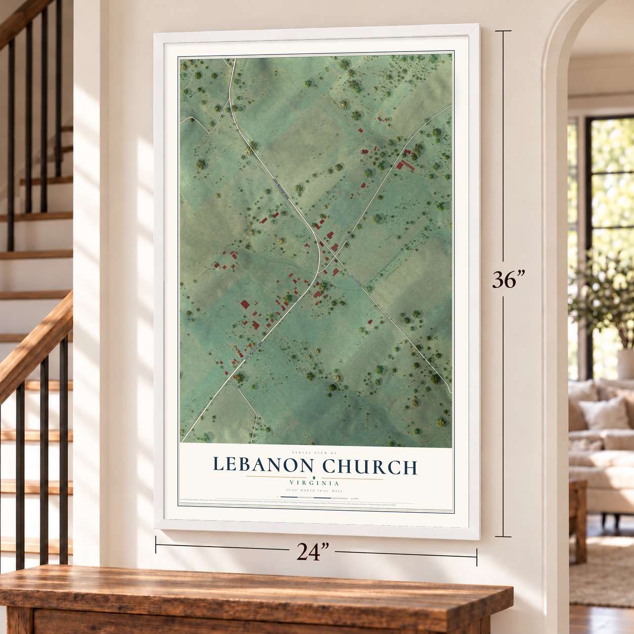 Lebanon Church, Virginia map, 24 x 36 inch print in a white frame by a staircase