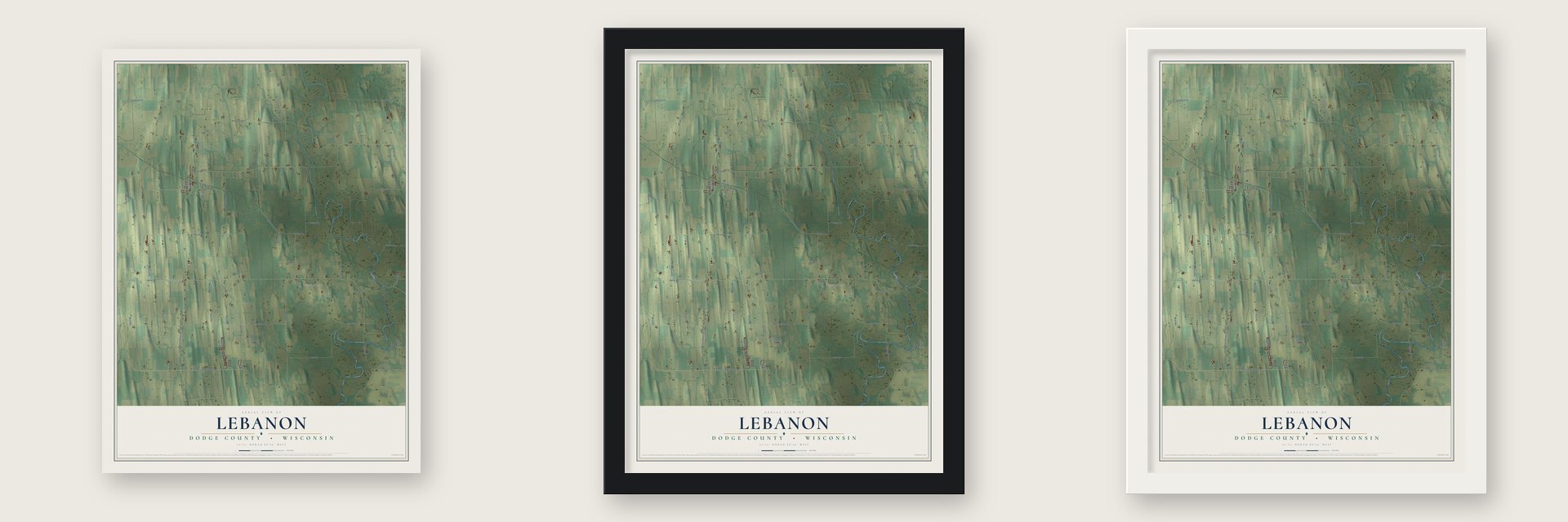 Lebanon, Dodge County, Wisconsin map unframed, in a black wood frame and in a white wood frame