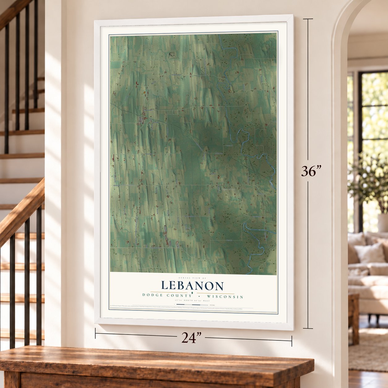 Lebanon, Dodge County, Wisconsin map, 24 x 36 inch print in a white frame by a staircase