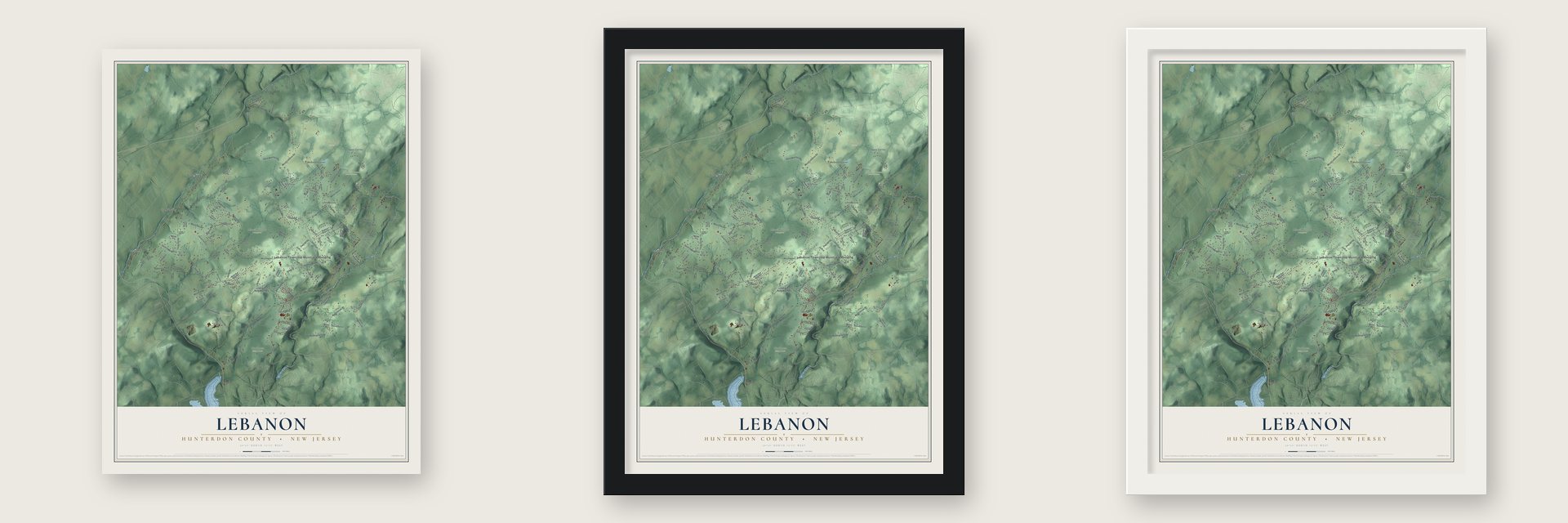 Lebanon, Hunterdon County, New Jersey map unframed, in a black wood frame and in a white wood frame