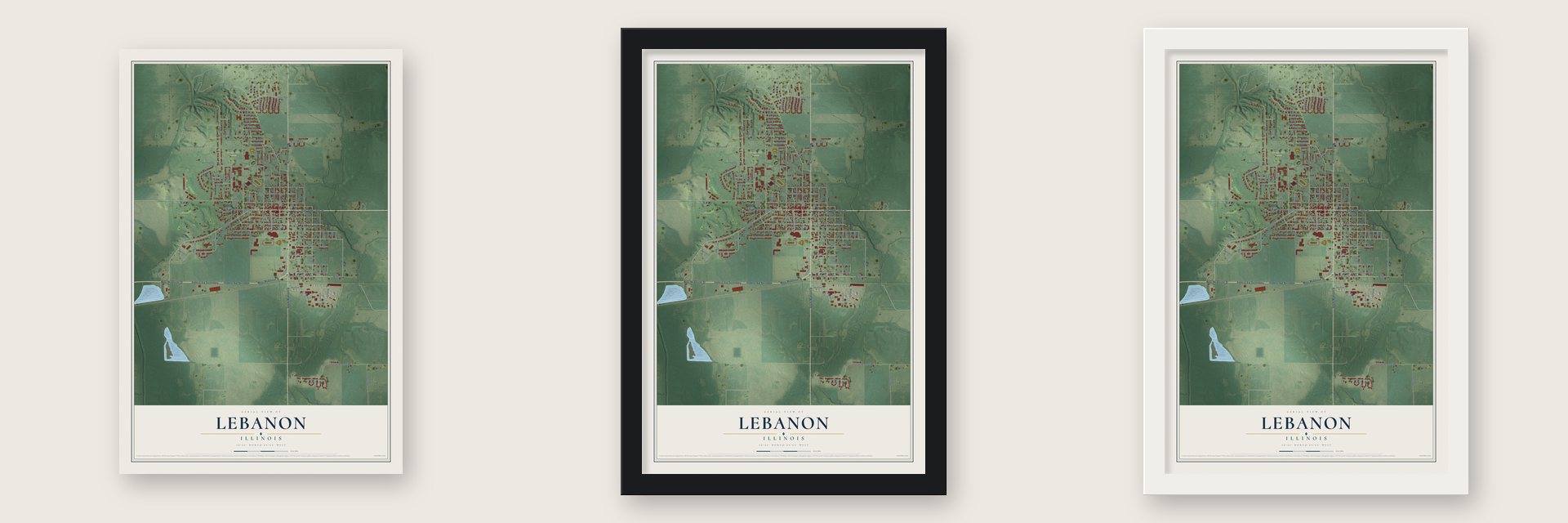 Lebanon, Illinois map unframed, in a black wood frame and in a white wood frame