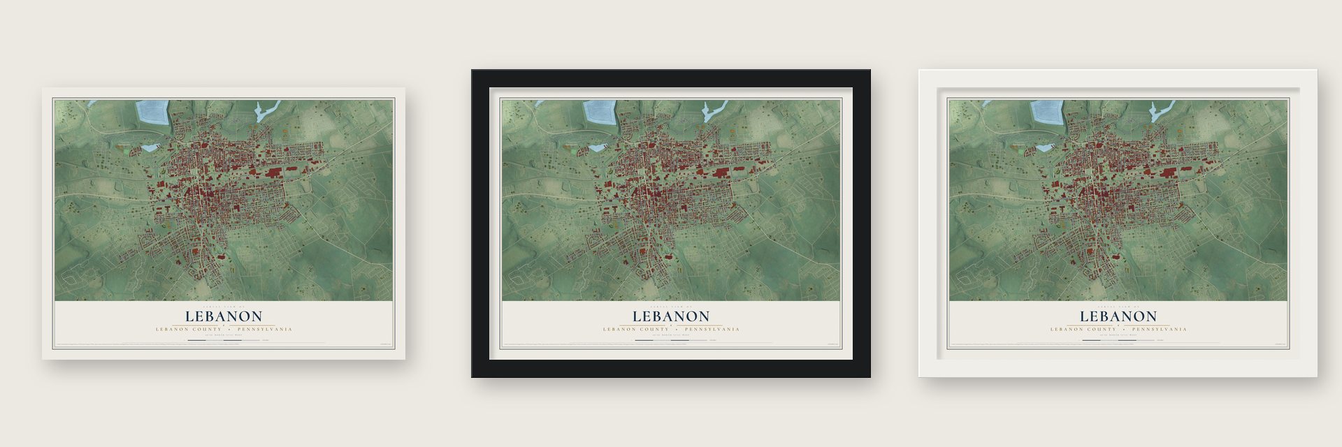 Lebanon, Lebanon County, Pennsylvania map unframed, in a black wood frame and in a white wood frame