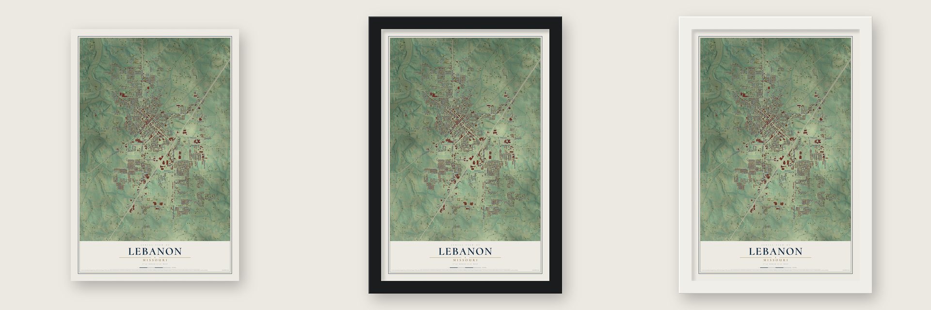 Lebanon, Missouri map unframed, in a black wood frame and in a white wood frame