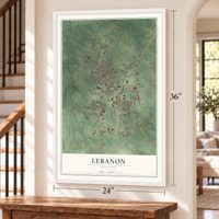Lebanon, Missouri map, 24 x 36 inch print in a white frame by a staircase