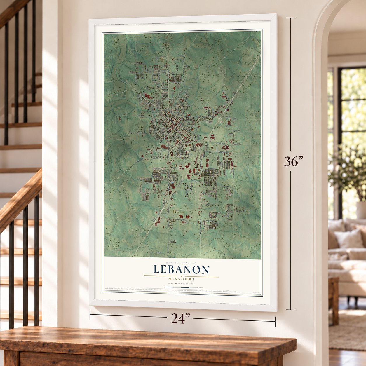 Lebanon, Missouri map, 24 x 36 inch print in a white frame by a staircase