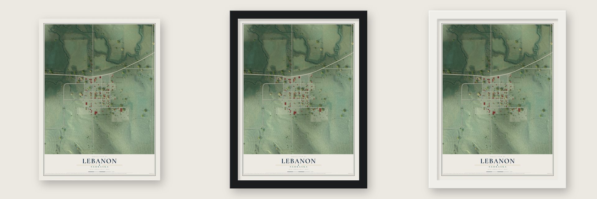 Lebanon, Nebraska map unframed, in a black wood frame and in a white wood frame