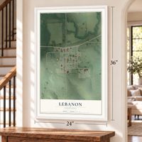 Lebanon, Nebraska map, 24 x 36 inch print in a white frame by a staircase