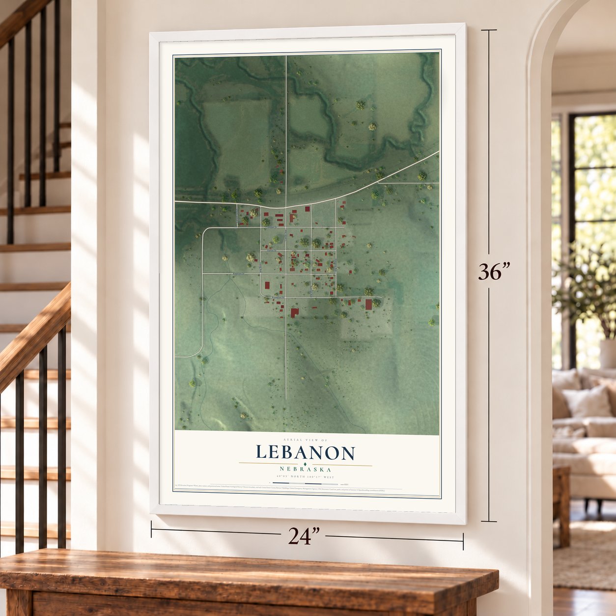 Lebanon, Nebraska map, 24 x 36 inch print in a white frame by a staircase