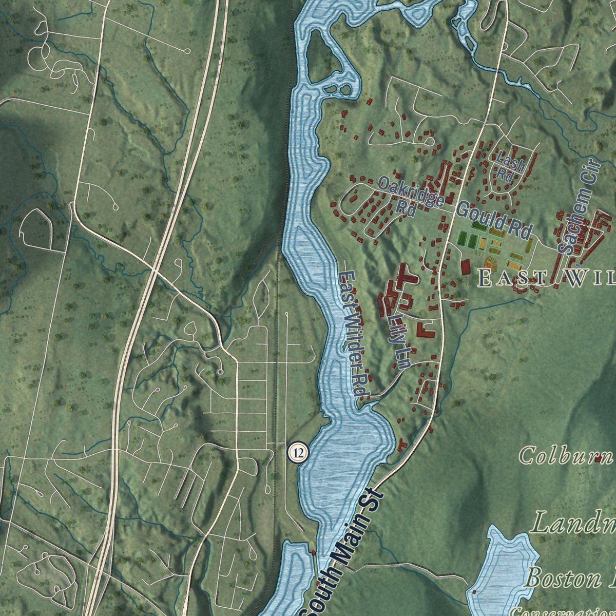 Second close-up of the map of Lebanon, New Hampshire print showing more streets and buildings