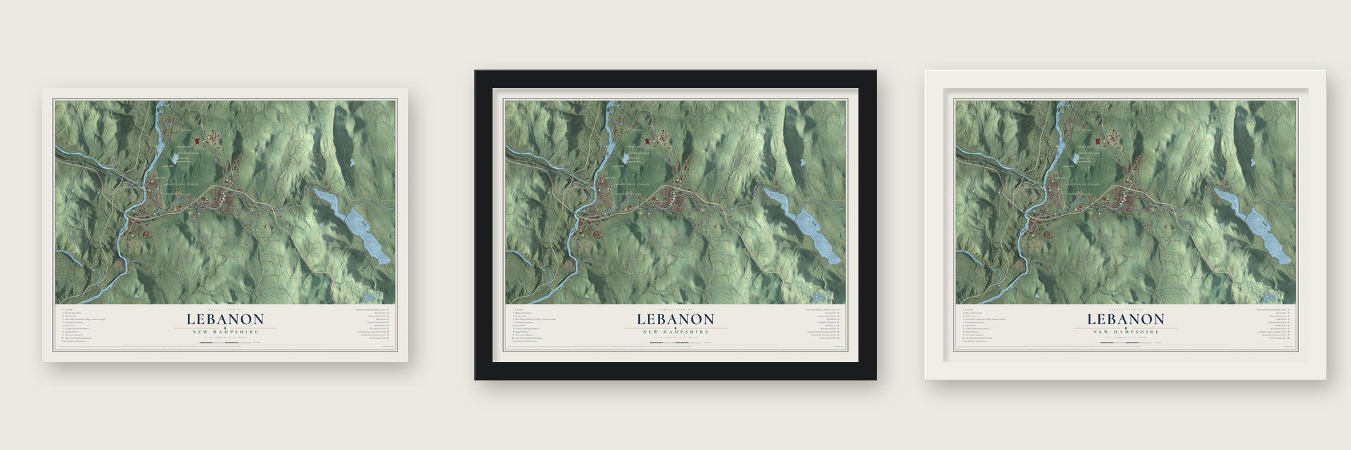 Lebanon, New Hampshire map unframed, in a black wood frame and in a white wood frame