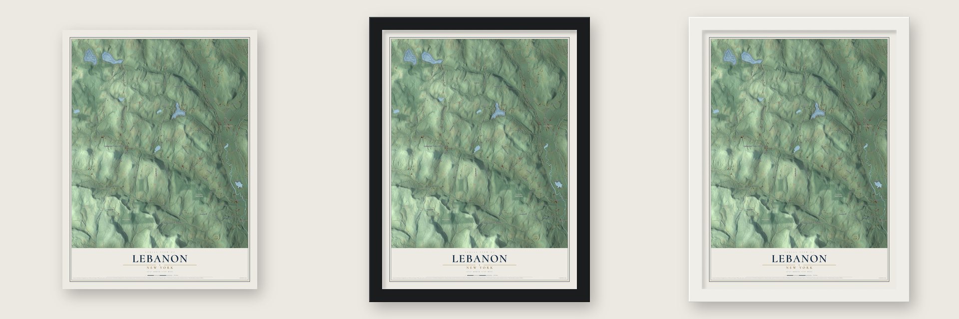 Lebanon, New York map unframed, in a black wood frame and in a white wood frame