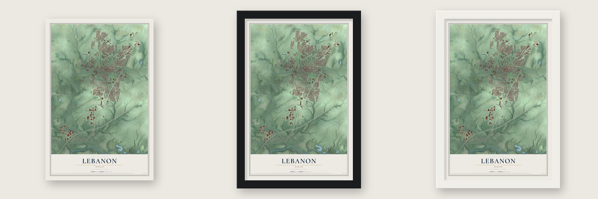 Lebanon, Ohio map unframed, in a black wood frame and in a white wood frame