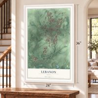Lebanon, Ohio map, 24 x 36 inch print in a white frame by a staircase