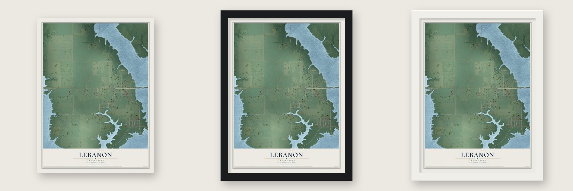 Lebanon, Oklahoma map unframed, in a black wood frame and in a white wood frame