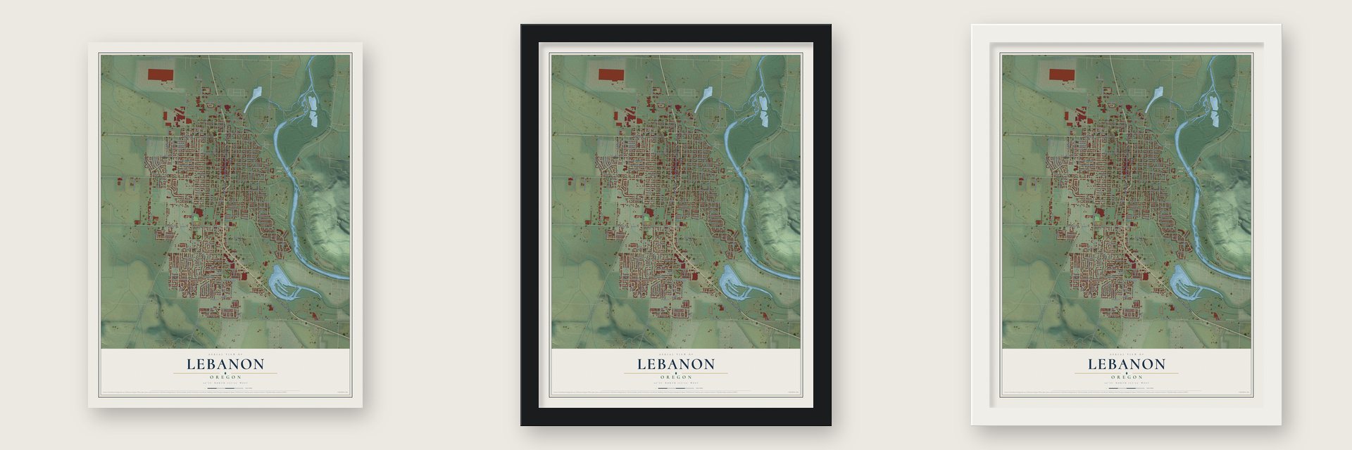 Lebanon, Oregon map unframed, in a black wood frame and in a white wood frame