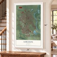 Lebanon, Oregon map, 24 x 36 inch print in a white frame by a staircase