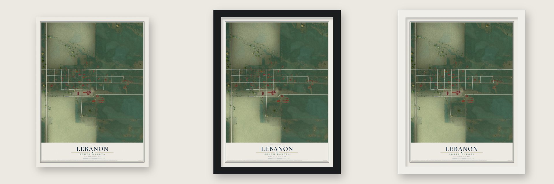 Lebanon, South Dakota map unframed, in a black wood frame and in a white wood frame